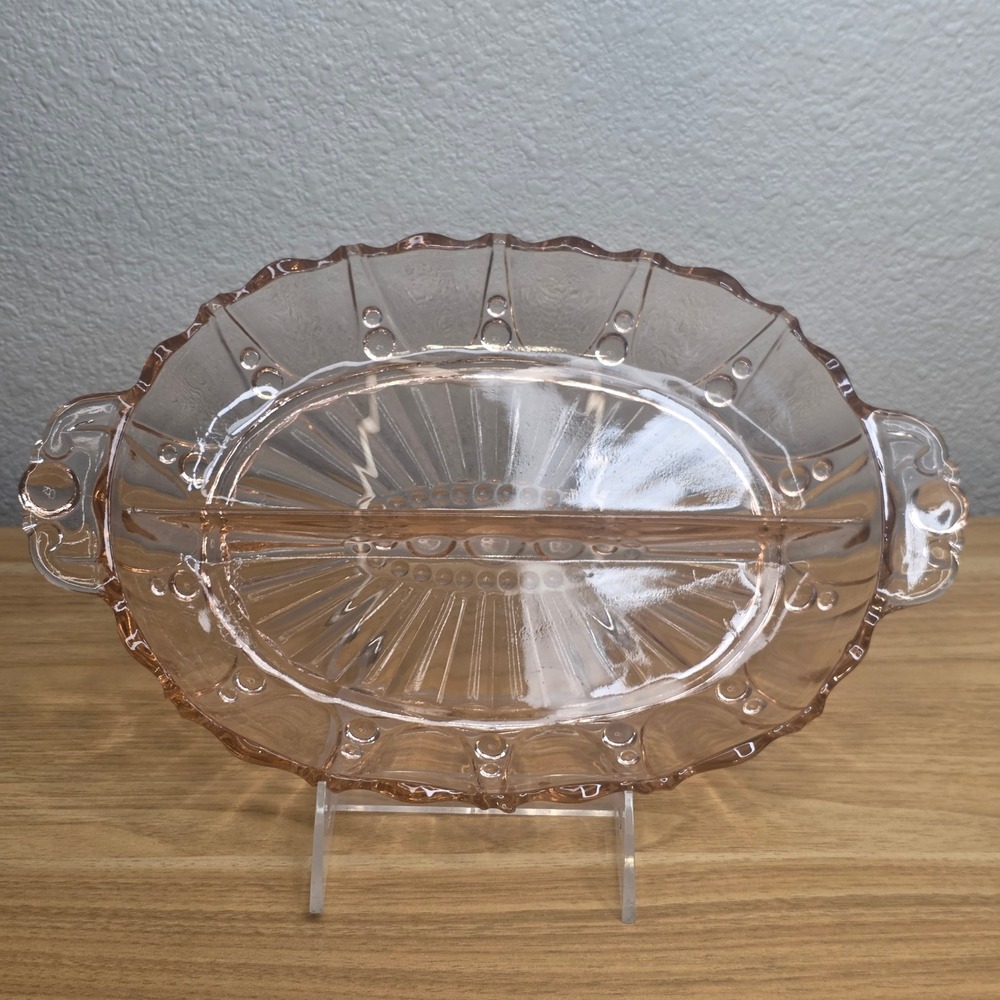 Anchor Hocking Pink Depression Glass Oyster & Pearl 12" Oval Divided Relish Dish